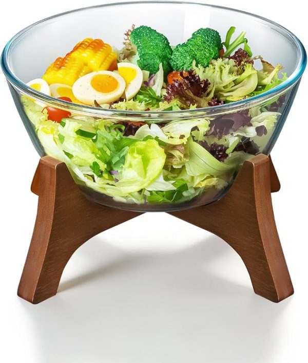 Large Glass Salad Bowl with Wooden Base